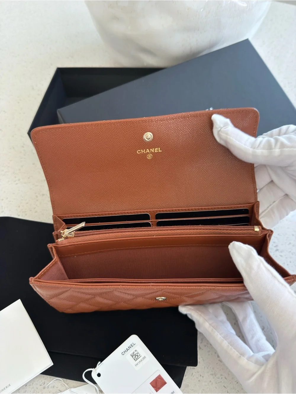 CHANEL Quilted Caviar Leather Wallet in Cognac Brown with Gold CC